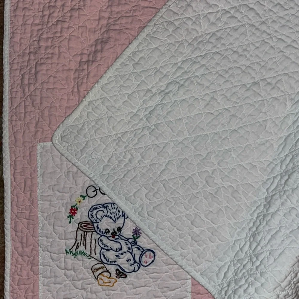 Pink Embroidered Baby Quilt handmade 50” x 32”